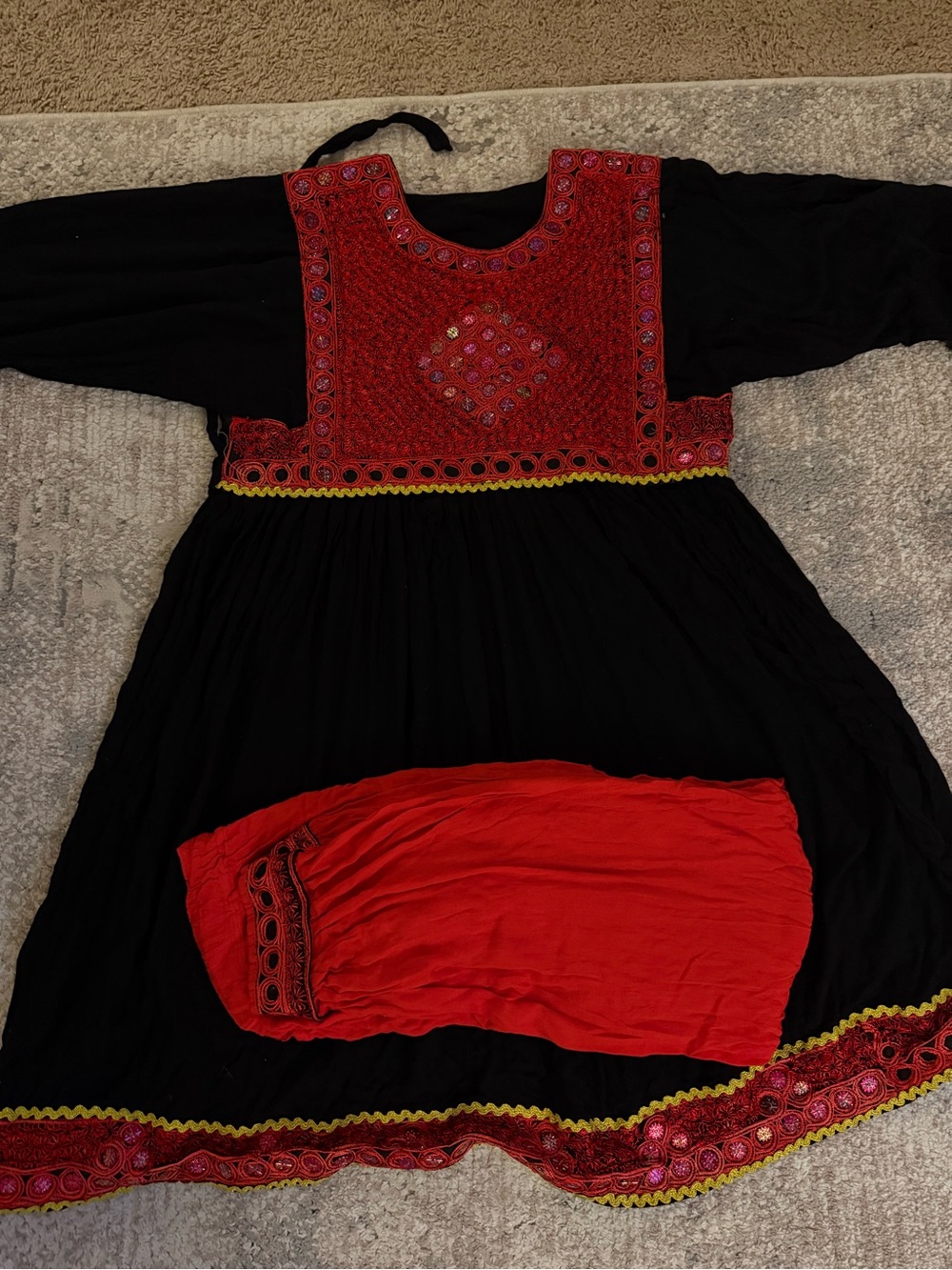 Embroidered Black Dress with Red Mirror-Brocade Bib